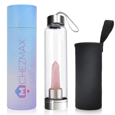 ChezMax Crystal Glass Water Bottle Glass Water Bottle with Changeable Natural Crystal Center Quartz Gemstone Water Bottle for Natural
