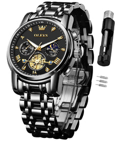 OLEVS Watches for Men Stainless Steel Chronograph Big Face Easy to Read Analog Quartz Watches Luxury Waterproof Date Diamond Dial Dress Wrist Watch Reloj De Hombre Black