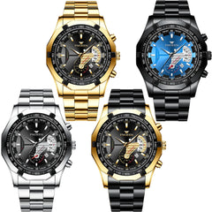 yunanwa 4 Pack Mens Stainless Steel Watches Waterproof Date Luminous Big Face Gold Silver Black Blue Business Dress Sports Luxury Casual Analog Quartz Wrist Watches Set Assorts Wholesales (Black)