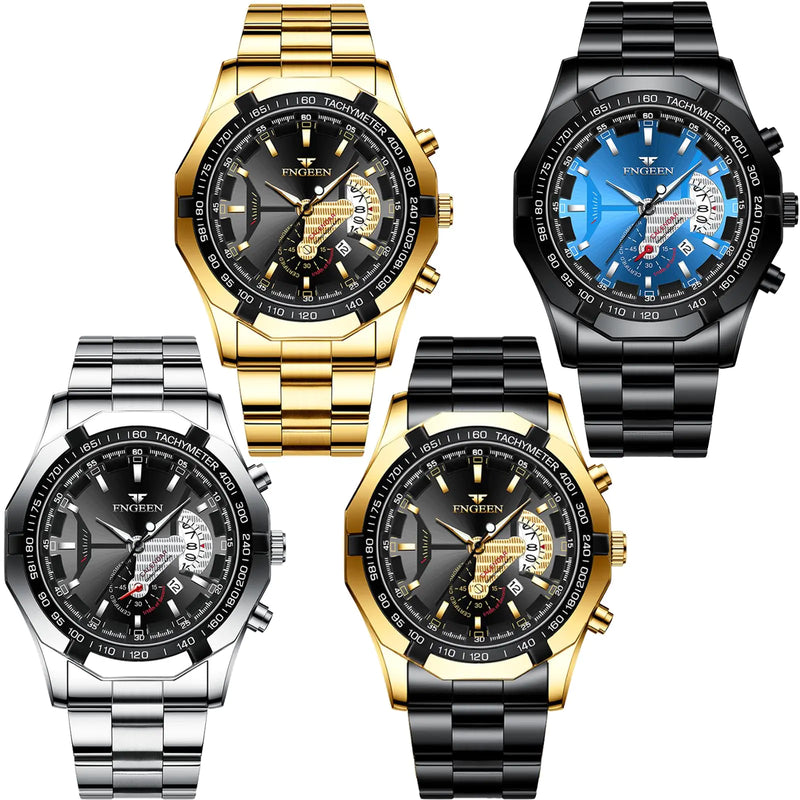 yunanwa 4 Pack Mens Stainless Steel Watches Waterproof Date Luminous Big Face Gold Silver Black Blue Business Dress Sports Luxury Casual Analog Quartz Wrist Watches Set Assorts Wholesales (Black)