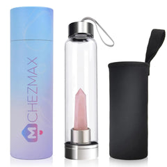 ChezMax Crystal Glass Water Bottle Glass Water Bottle with Changeable Natural Crystal Center Quartz Gemstone Water Bottle for Natural