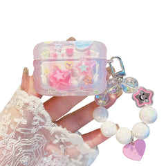 PHOEACC Cute Airpod Pro 2 / Airpod Pro Case Dream 3D Gitter Stars Clear Protective Cover with Strap Keychain Compatible with AirPods Pro 2nd/1st Generation Case for Girls Women (Stars Pink)